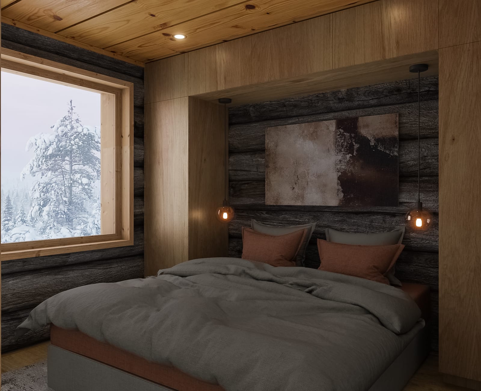 Bedroom with dark log walls, linen bedding and a window onto snowy pines
