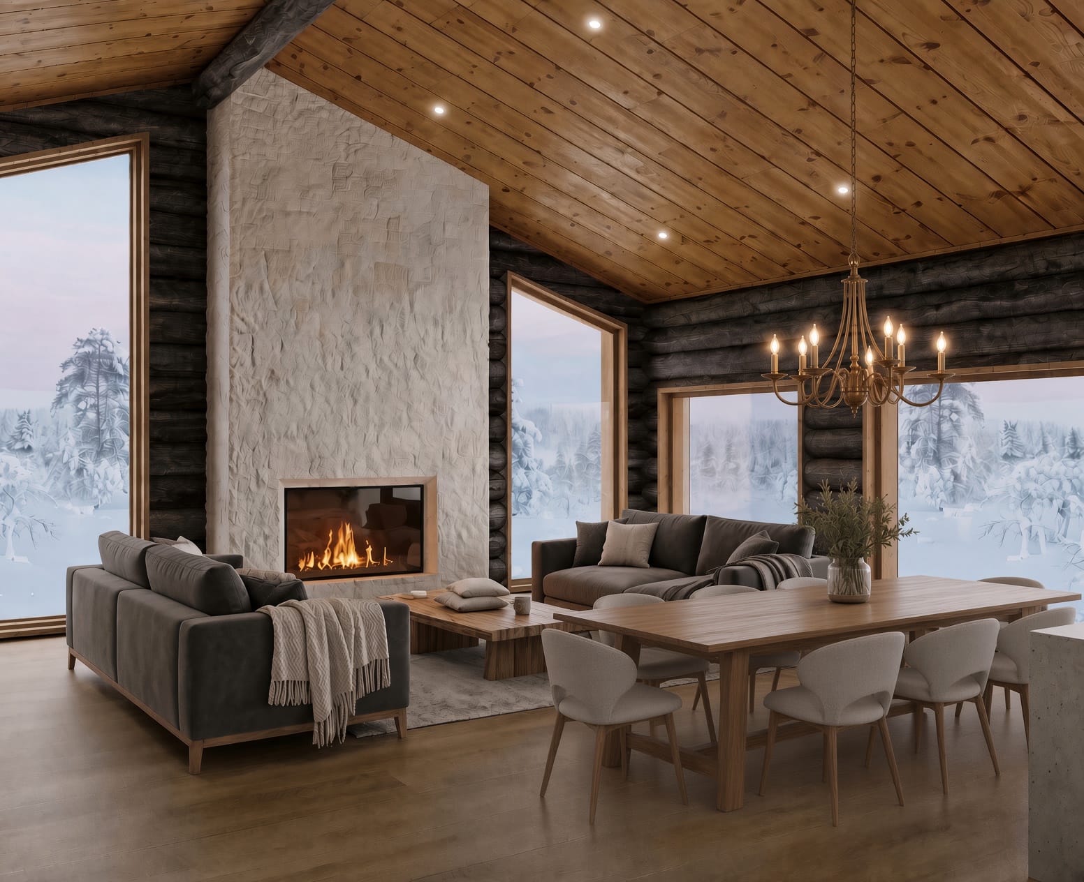 Great room with stone fireplace and a dining table for ten at AIKA, Finnish Lapland