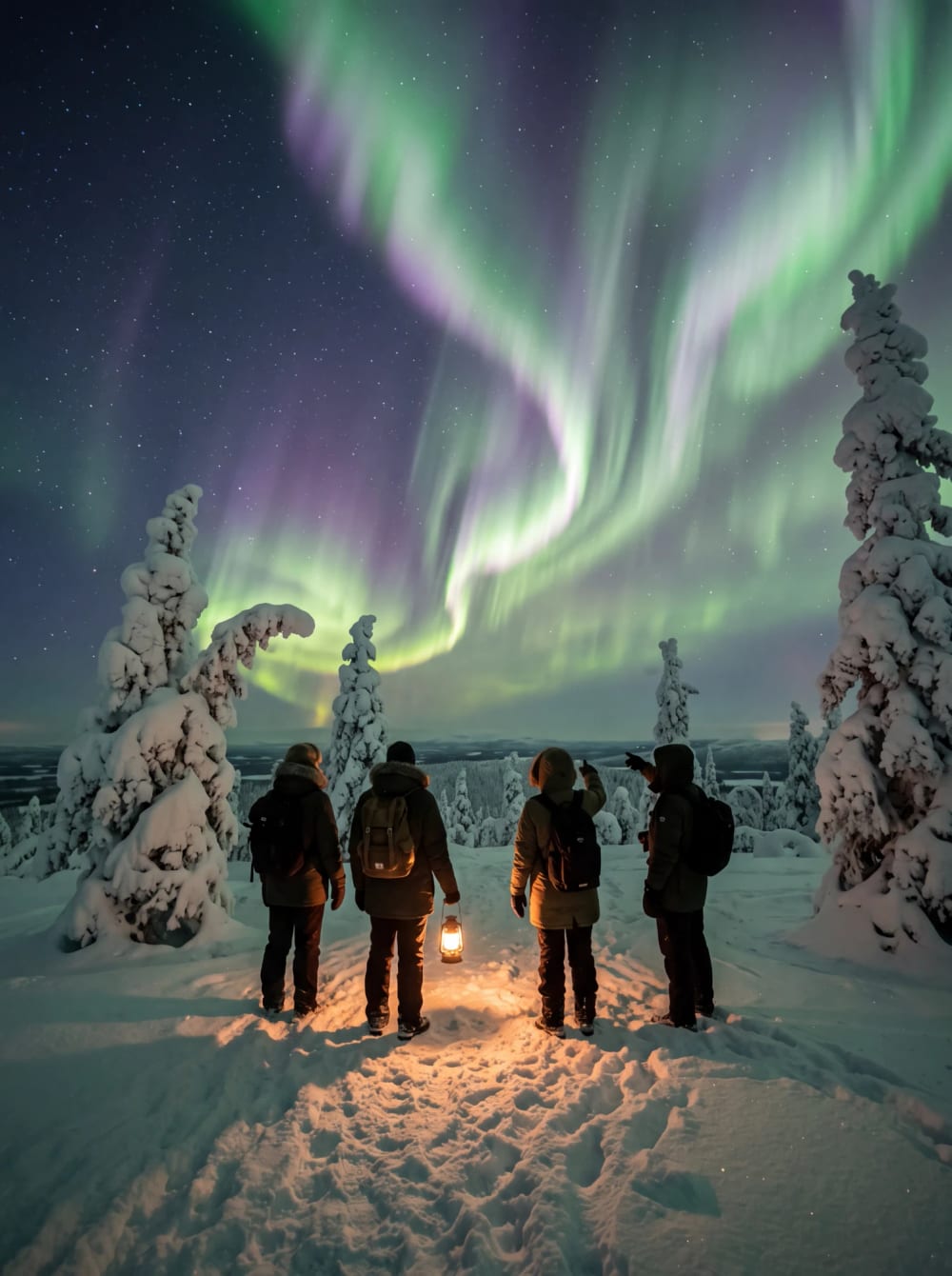 Four guests with a lantern watching the northern lights above a snowy fell