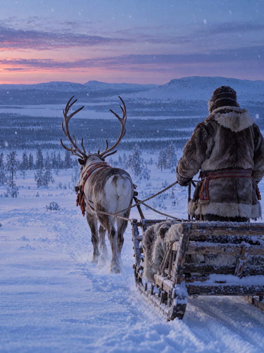 A reindeer pulling a sleigh and its herder towards the sunset over a snowy fell